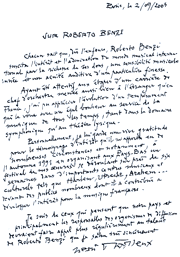 Lettre manuscrite d'Henri Dutilleux